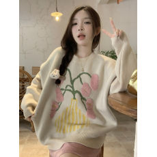 批发实拍~胖MM 韩系花朵提花设计圆领套头毛衣