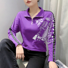 批发实拍2026<b class='q'>春</b>季新款洋气拉链印花钉珠T恤时尚宽松显瘦气质蝙蝠袖女