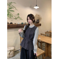 批发实拍实价韩系<b class='q'>秋</b>冬木耳边假两件气质衬衫简约百搭宽松毛呢拼接上衣