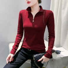 批发实拍2026年<b class='q'>春</b>季新款时尚烫钻百搭气质修身T恤显瘦个性拉链打底衫