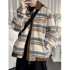 批发原版质量 拼色格子小香风毛呢大衣外套秋冬高级情侣翻领上衣夹克