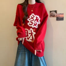 批发圣诞过年红色刺绣植绒毛衣女<b class='q'>秋</b>冬大码胖MM洋气减龄慵懒显瘦针织衫