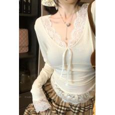 批发慕斯羊绒 原版品质早秋蕾丝长袖T恤女辣妹内搭显瘦上衣