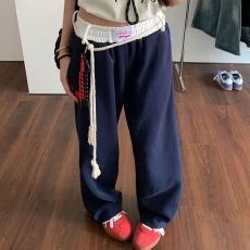 批发藏青色复古休闲裤卫裤女早秋拼接腰头直筒运动裤美式宽松阔腿<b class='q'>裤子</b>