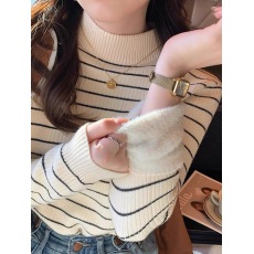批发条纹半高领<b class='q'>加绒</b>加厚打底针织衫女秋冬内搭毛衣保暖一体水貂绒上衣