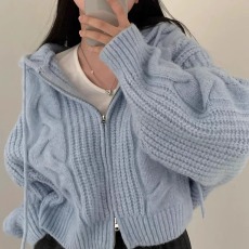 批发2024韩版秋<b class='q'>糖果</b><b class='q'>色</b>麻花编织拉链连帽衫毛衣外套纯<b class='q'>色</b>