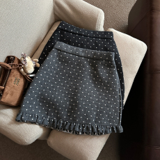 批发实拍秋冬新款韩版修身高腰后橡筋设计木耳花边显瘦百搭毛呢短<b class='q'>裙</b>女