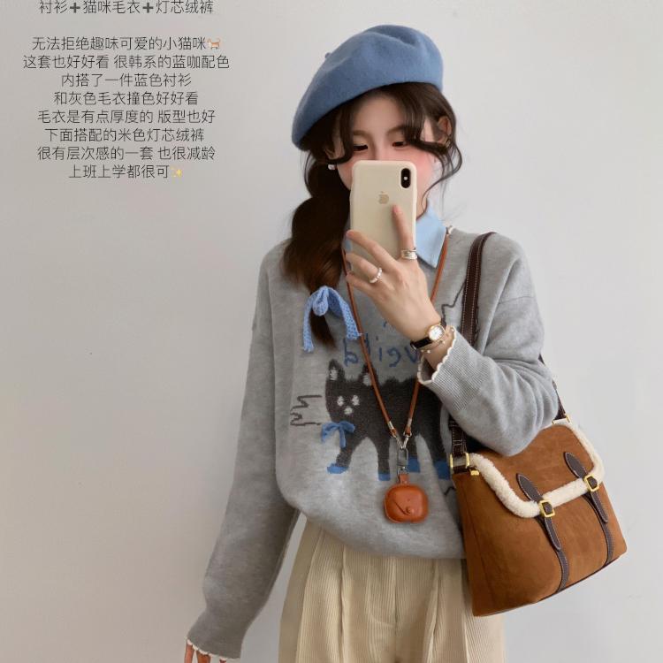 PF27496#美式复古小猫提花圆领毛衣叠穿设计感洋气减龄慵懒针织衫上衣女冬女裝貨源服裝批發