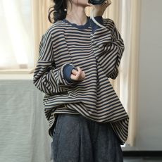 批发纯棉秋冬装摇粒绒文艺大码宽松慵懒风中长款加厚加绒条纹卫衣