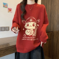 批发本命年红色圆领重磅毛衣女新年秋冬新款宽松慵懒减龄针织衫上衣