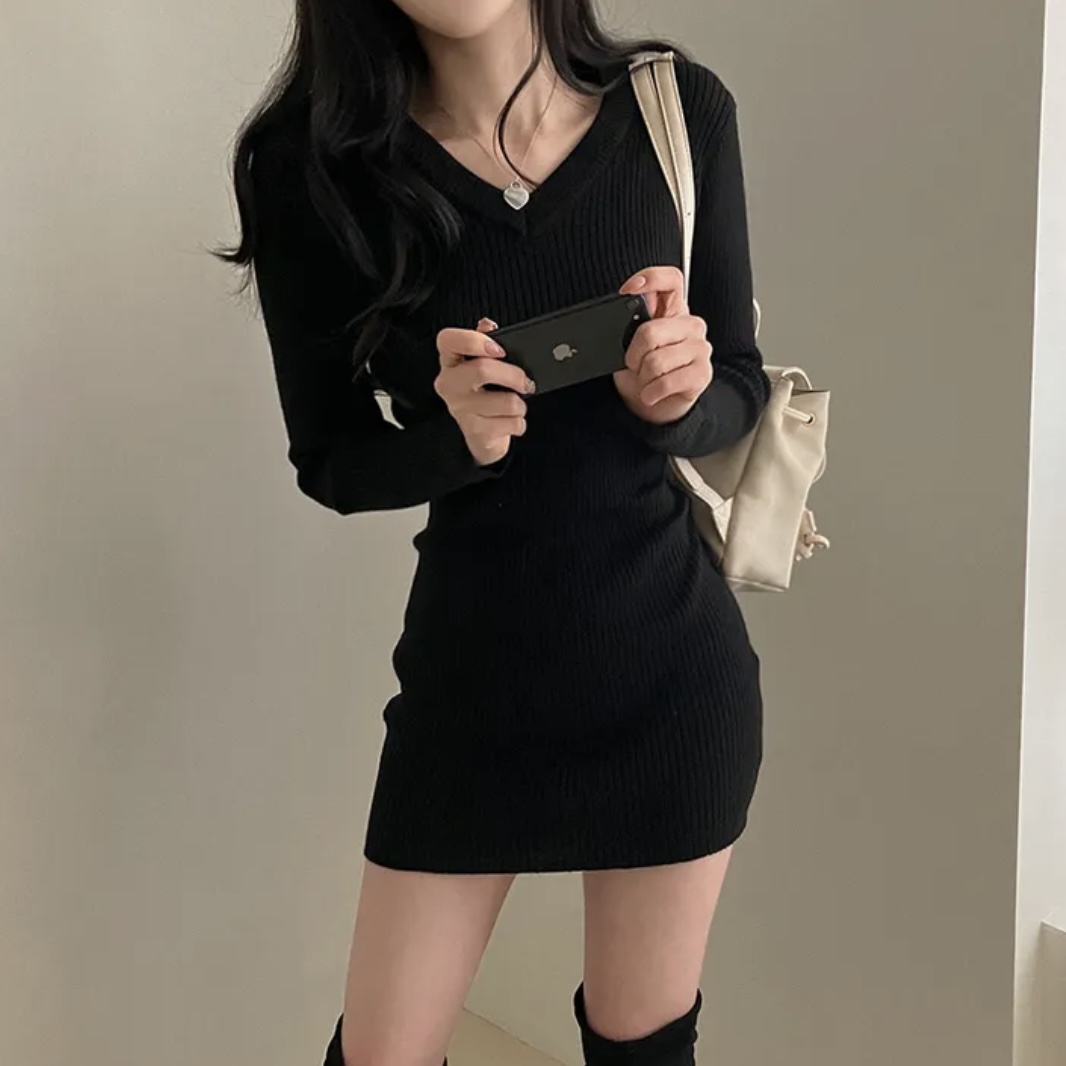 있음 선적 한국 chic 몸매 가꾸기 V넥 만나는 니트 여성 드레스 타이트 스커트