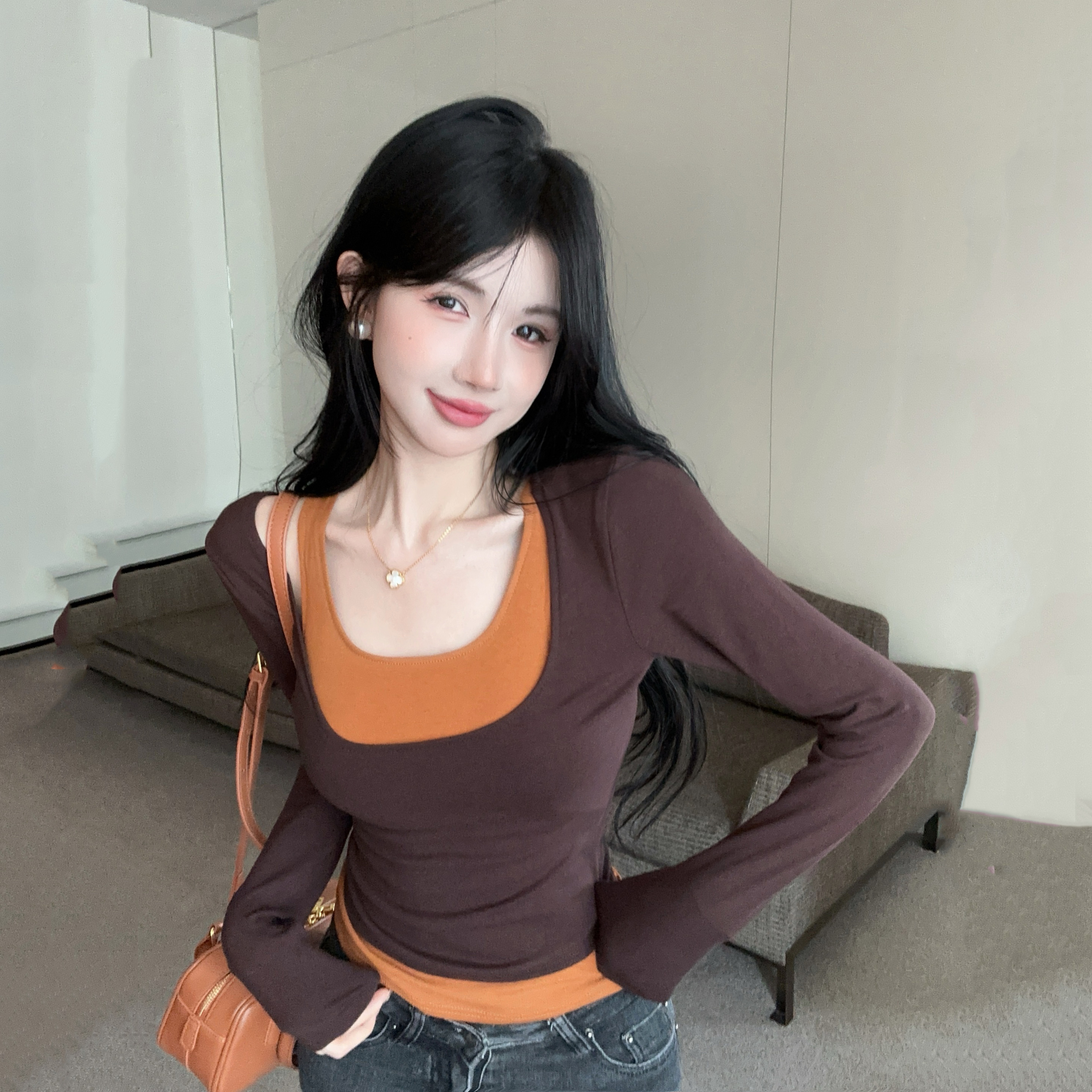 MY1618# 修身显瘦辣妹吊带背心大U领T恤套装2件套上衣女潮女裝貨源服裝批發