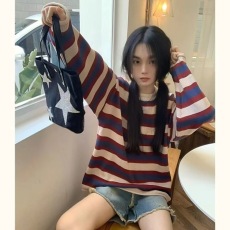 批发2026早春新女装条纹宽松外穿设计感小众慵懒风内搭针织衫