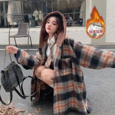 批发原布格子复真超加绒后包领抖音质量连帽格子衬衫中长款<b class='q'>外套</b>