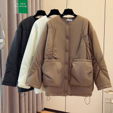 批发春秋秋冬季复古洋气中长款加厚保暖棉衣百搭大口袋褶皱显瘦外套