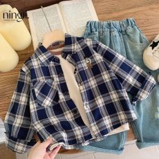 批发官图#65%棉#儿童格子衬衫男童衬衣春秋季薄款男宝宝秋装长袖中童