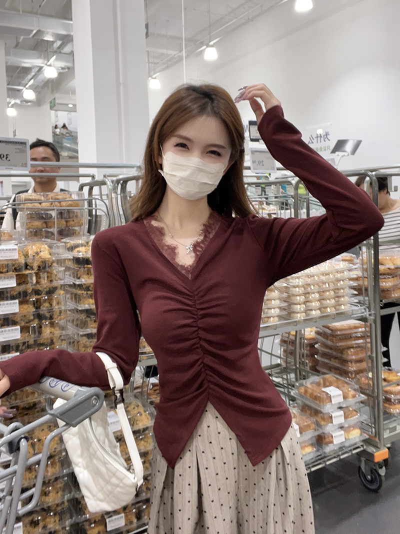 PF27066#新款胖mm大码女法式蕾丝边加绒加厚针织打底衫女裝貨源服裝批發