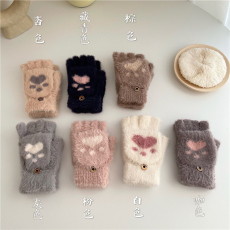 批发实拍实价 ins翻盖可爱猫爪手套半指手套骑车写字学生毛绒手套女