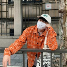 批发美式复古橙色格纹长袖衬衫男女春秋宽松百搭休闲高街新款情侣衬衣