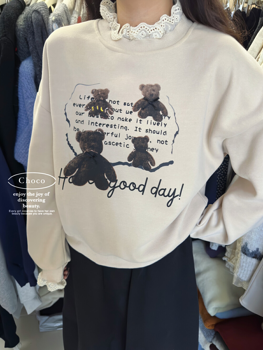 LN68267# 冬上新CHOCO韩系百搭小熊蕾丝边卫衣 服裝批發女裝批發服飾貨源