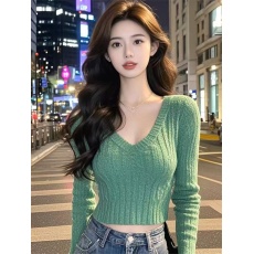 批发长袖V领针织衫2024新款女秋设计感气质温柔简约修身百搭短款上衣