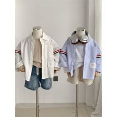 实拍#纯棉斜纹#简约学院儿童衬衫春男女童白衬衫日系洋气条纹衬衣