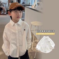 批发<b class='q'>官</b>图#纯棉斜纹#春秋<b class='q'>韩国</b>中大童复古长袖白色字母衬衫男童经典衬衣