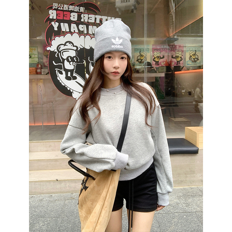 PF27279#加绒加厚卫衣秋冬百搭宽松圆领套头短款卫衣高腰上衣女女裝貨源服裝批發