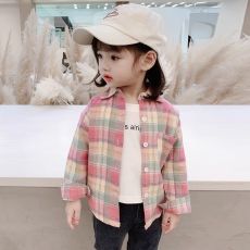 批发官图#棉柔软宝宝格子长袖衬衫女童秋装翻领洋气衬衣外套条纹上衣