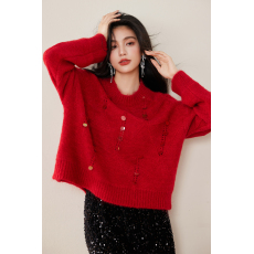 批发实拍◆2025年冬季软糯宽松羊毛衫长袖圆领红色亮片毛衣女