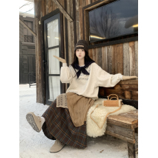 批发实拍实价~加绒卫衣女秋冬宽松圆领上衣+<b class='q'>蕾丝</b>拼接不规则格子<b class='q'>半身裙</b>