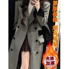批发爆款新款夹棉加厚韩系灰色<b class='q'>长款</b>西装式毛呢子大衣外套女冬高级感