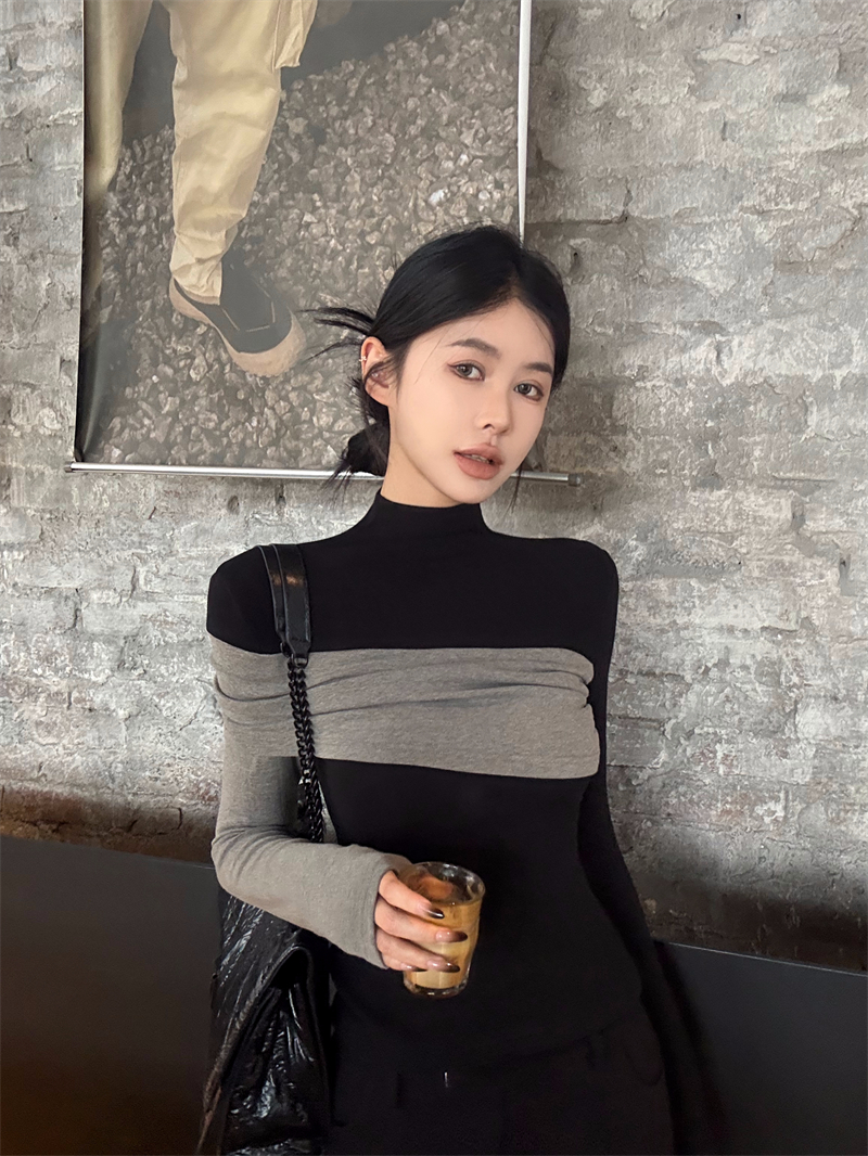 정가 실사 디자인 센스 배색 반하이넥 긴팔 티셔츠 가을 겨울 품격 패치워크 몸매 가꾸기 인사이드 잡아라. 의류