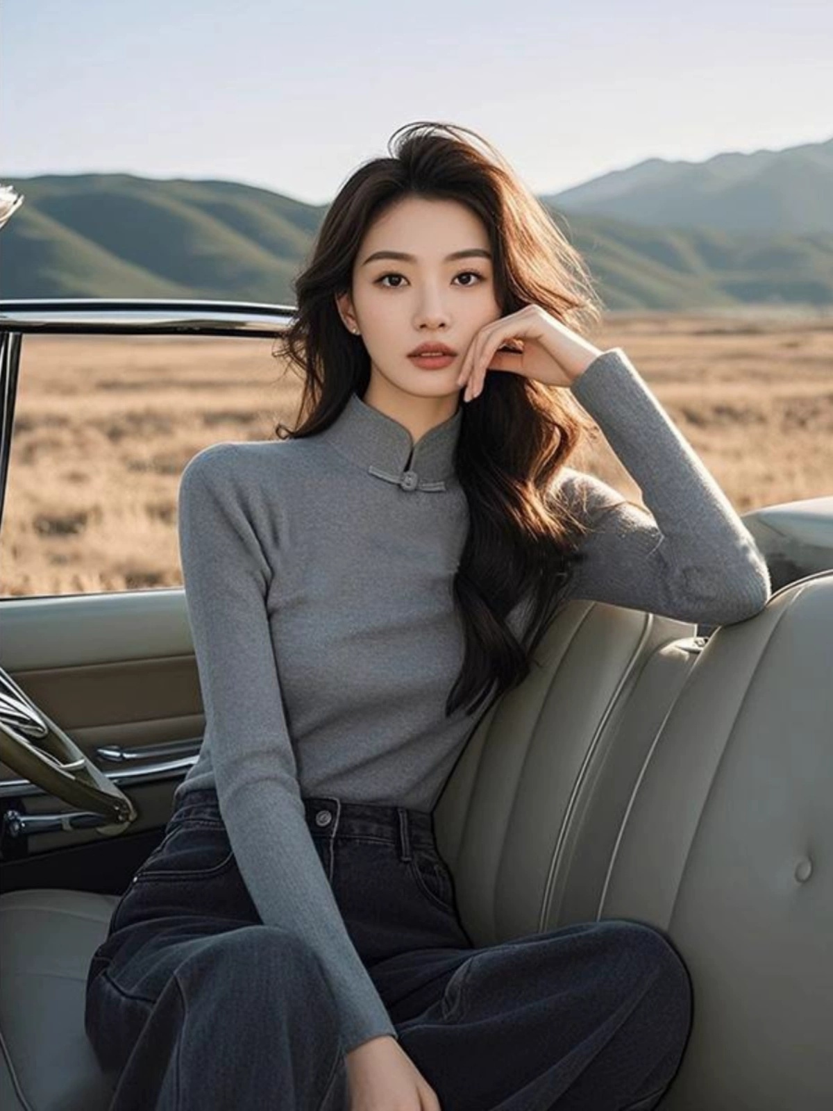 새로운 중식 회색 단추 반하이넥 니트 스웨터 가을 여성 2026 새로운 몸매 가꾸기 고유 한 Chic 긴팔 맨위