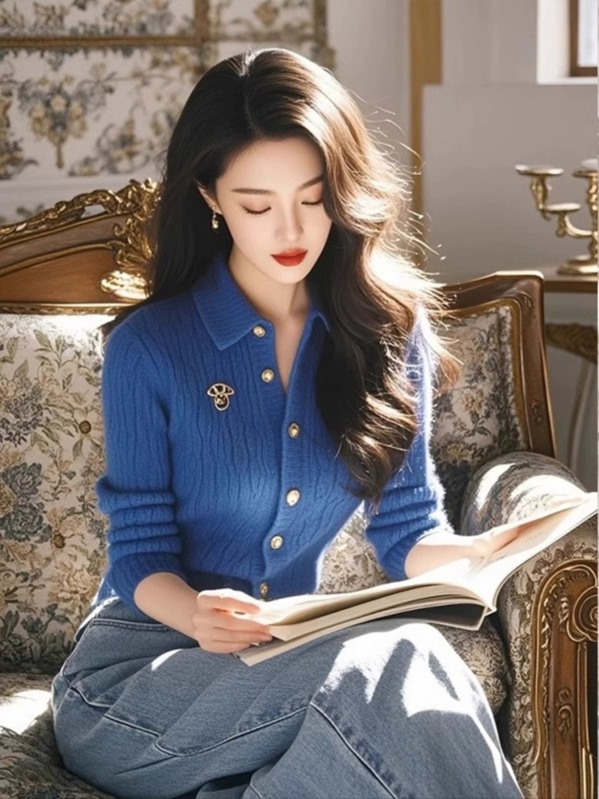 26 가을 겨울 새로운 인기 착용 가져 가라. 파란색 니트 오픈 가디건 POLO 칼라 맨위 품격 명문 여성 작은 샤넬 스타일 스웨터 여자