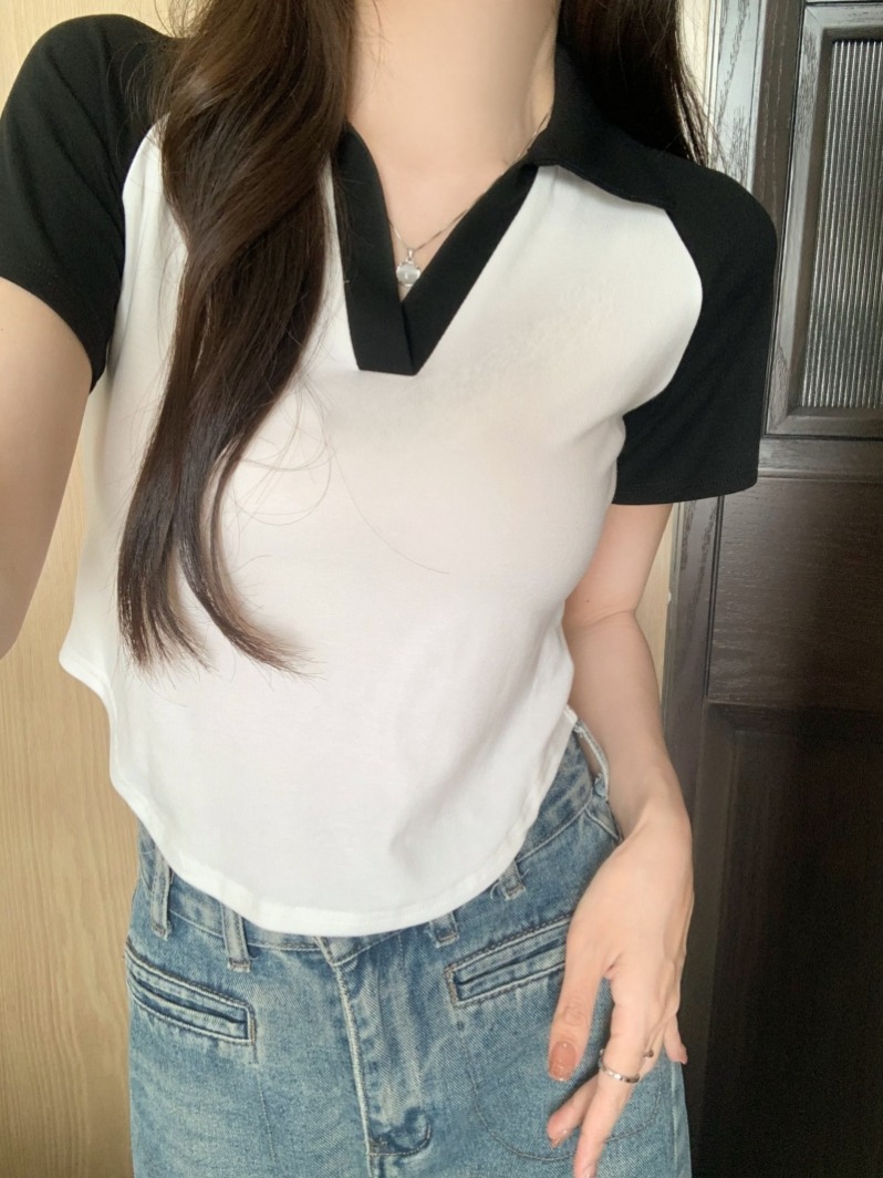 PF27144#40支纯棉 夏装polo领短袖T恤女设计感小众女裝貨源服裝...