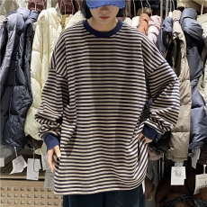 批发纯棉秋冬装摇粒绒文艺大码宽松慵懒风中长款加厚加绒条纹卫衣