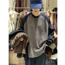 批发秋冬季磨毛原创文艺时尚<b class='q'>韩版</b>大码宽松个性潮流插肩袖条纹加绒卫衣