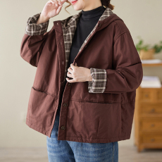 批发高品质冬季复古100%棉<b class='q'>风</b>衣双层外套内里格纹连帽夹棉棉袄保暖棉服