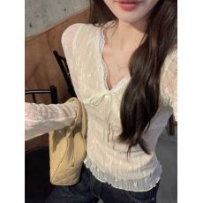 批发实拍实价！法式蝴蝶结V领蕾丝衫上衣短款修身显瘦百搭打底长袖T恤