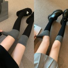 批发实拍实价不减拼色袜子<b class='q'>女</b>款中<b class='q'>筒</b>黑灰拼接长<b class='q'>筒</b>过膝半腿黑色小腿<b class='q'>袜</b>