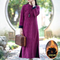 批发国风禅意复古加厚改良旗袍秋冬加绒提花<b class='q'>高端</b>气质女装新中式<b class='q'>连衣裙</b>