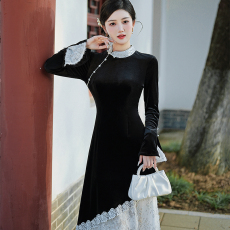 批发实拍 新中式丝绒<b class='q'>连衣裙</b>秋冬蕾丝拼接假两件旗袍 上架+40
