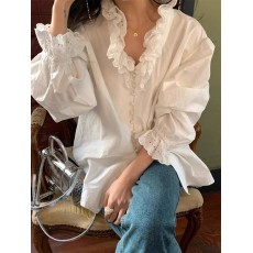 批发法式荷叶边白色衬衫女秋<b class='q'>冬</b>设计感重工刺绣宽松独特别致叠穿上衣<b class='q'>冬</b>
