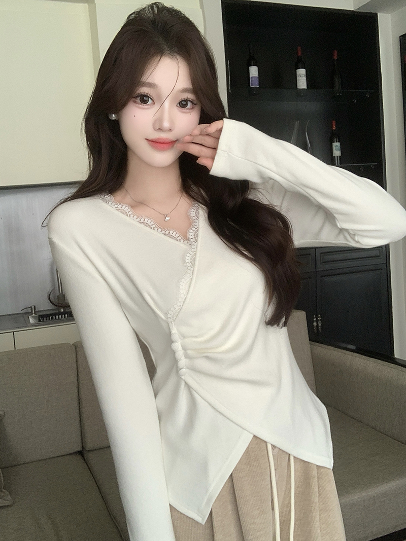 MY12266# 新款胖mm大码女法式蕾丝边加厚针织内搭打底衫女裝貨源服裝...