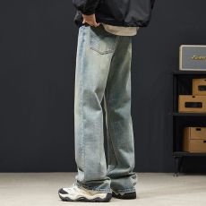 批发实拍2024秋冬新款潮牌美式复古牛仔裤男宽松直筒简约百搭裤子