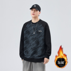 冬季加绒加厚锁温保暖华棉卫衣男宽松百搭拼接潮流打底上衣