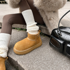 批发葡萄妈同款 可爱大圆头加绒保暖棉鞋毛毛雪地靴女真皮2024秋<b class='q'>冬</b>款
