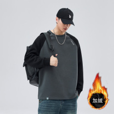 冬季加绒加厚保暖潮牌拼接刺绣卫衣男宽松百搭锁温保暖打底上衣