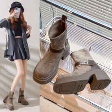 批发欧洲站2024早春厚底针织弹力袜靴<b class='q'>女</b>英伦风显瘦短靴金属扣马丁靴潮